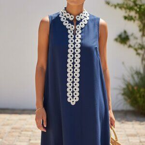 Lilly Pulitzer Womens Sleeveless Navy Blue Dress With Embroidered Gold Neckline